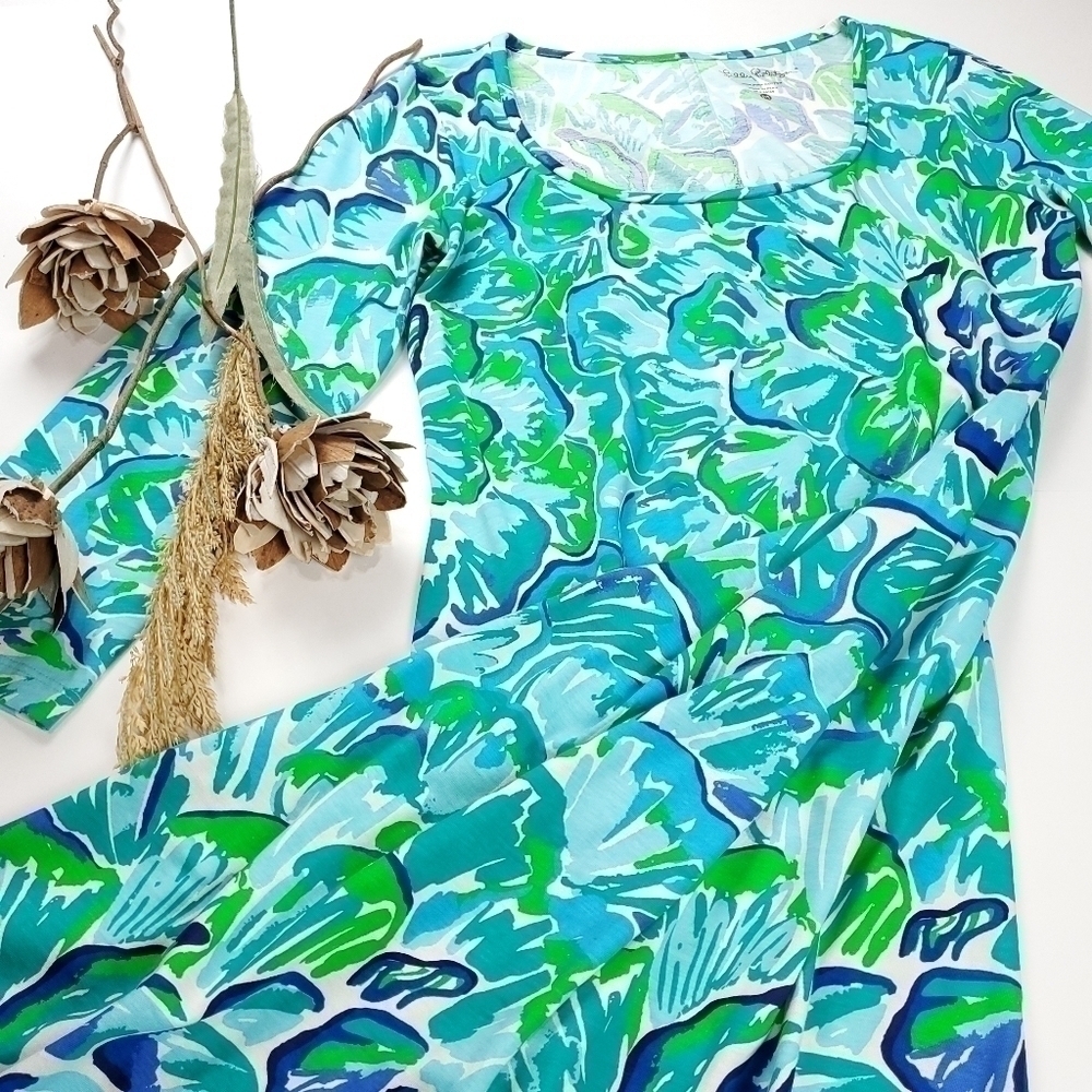 New Lilly Pulitzer 100% Pima Cotton Blue Green White Floral Dress Sz M - Picture 9 of 16